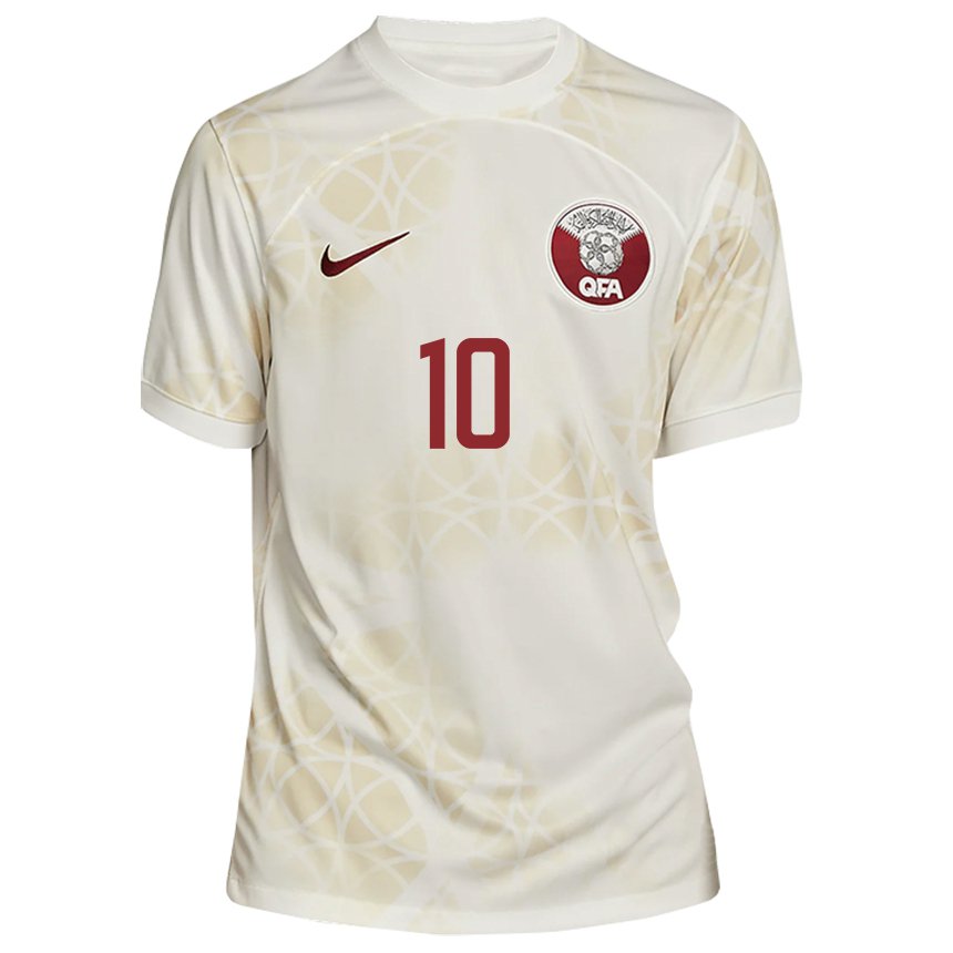 Bambino Maglia Qatar Hasan Al Haydos #10 Beige Oro Kit Gara Away 22-24 Maglietta