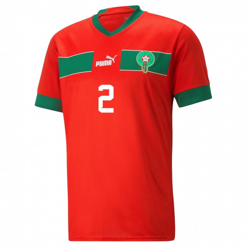 Uomo Maglia Marocco Achraf Hakimi #2 Rosso Kit Gara Home 22-24 Maglietta