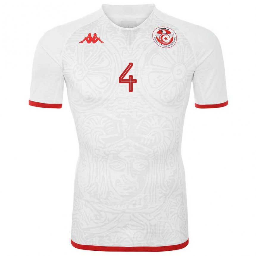 Uomo Maglia Tunisia Ali Abdi #4 Bianco Kit Gara Away 22-24 Maglietta