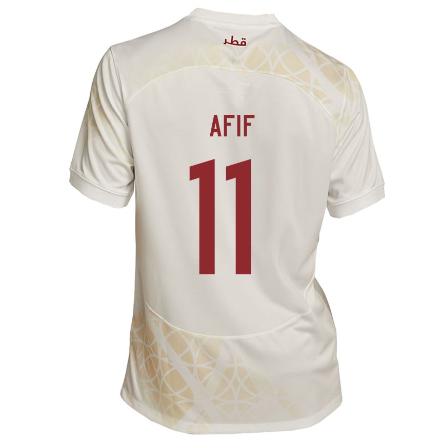Uomo Maglia Qatar Akram Afif #11 Beige Oro Kit Gara Away 22-24 Maglietta