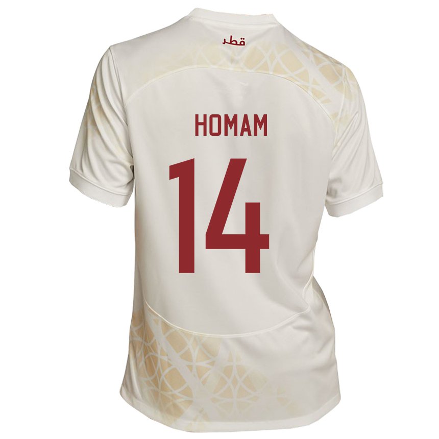 Uomo Maglia Qatar Homam Ahmed #14 Beige Oro Kit Gara Away 22-24 Maglietta