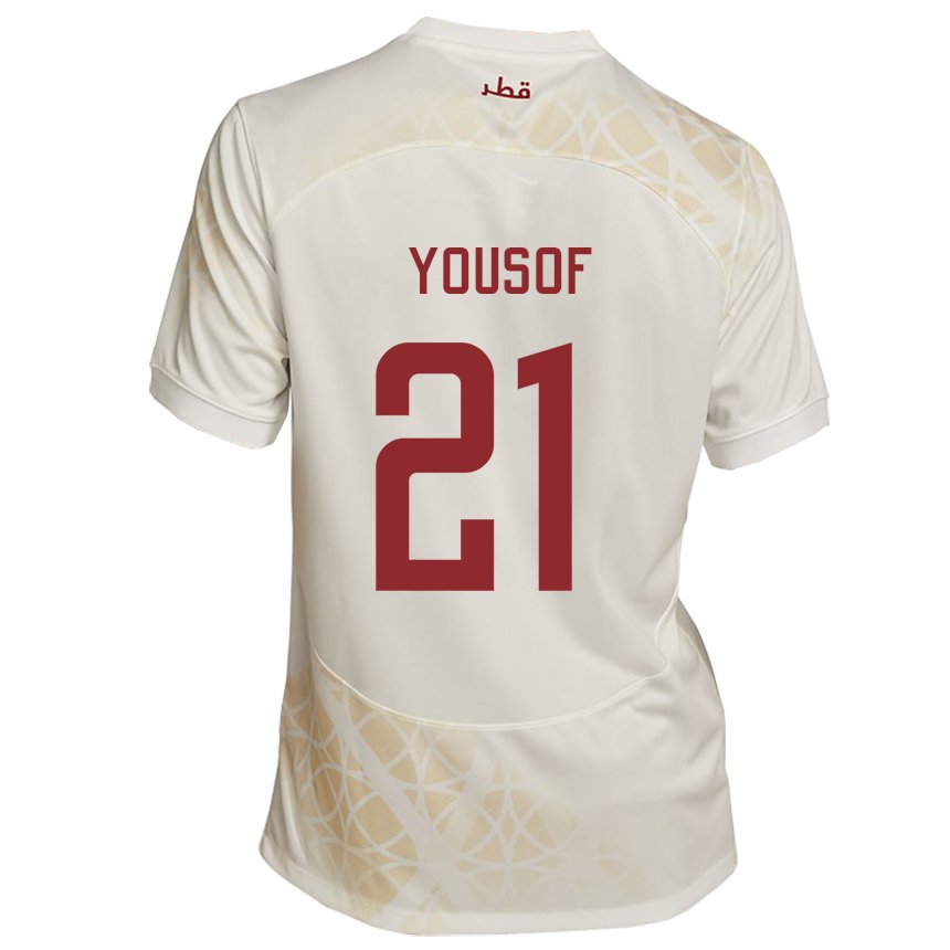 Uomo Maglia Qatar Yousof Hassan #21 Beige Oro Kit Gara Away 22-24 Maglietta