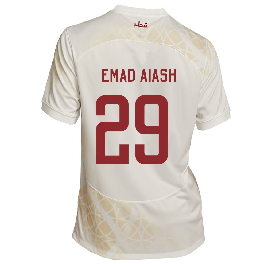 Uomo Maglia Qatar Mohamed Emad Aiash #29 Beige Oro Kit Gara Away 22-24 Maglietta