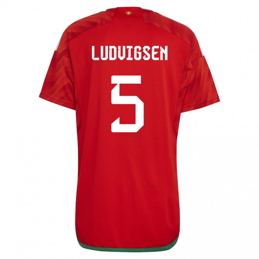 Uomo Maglia Galles Kai Ludvigsen #5 Rosso Kit Gara Home 22-24 Maglietta