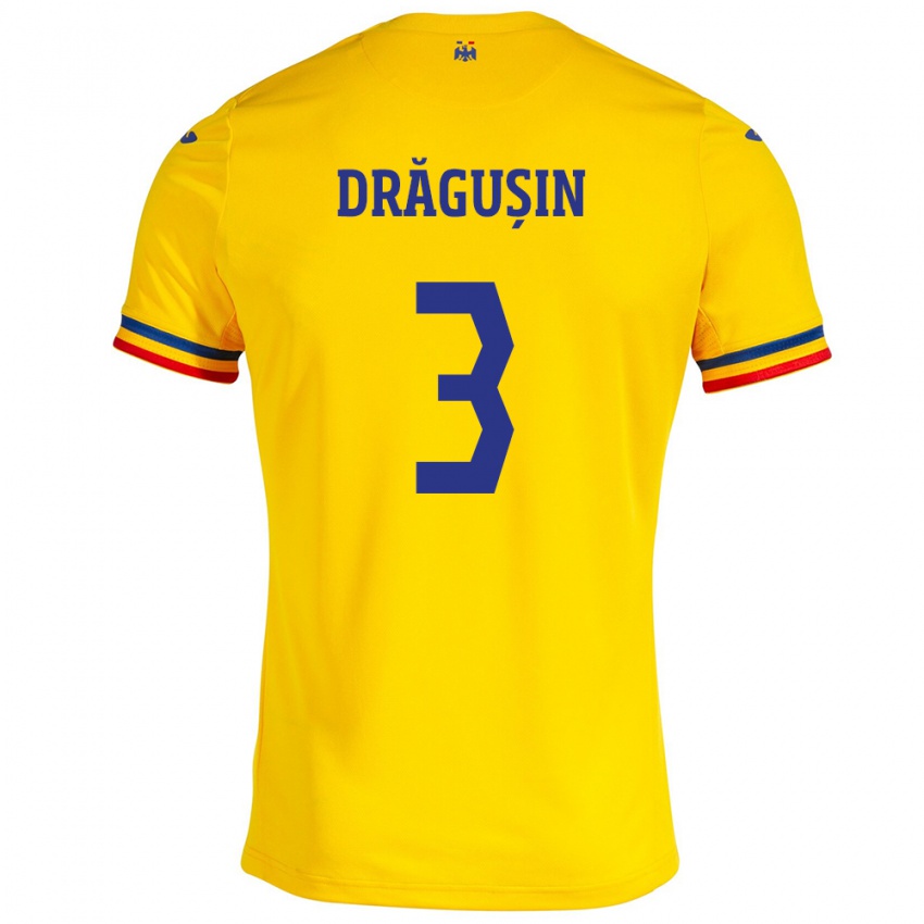 Bambino Maglia Romania Radu Drăgușin #3 Giallo Kit Gara Home 24-26 Maglietta