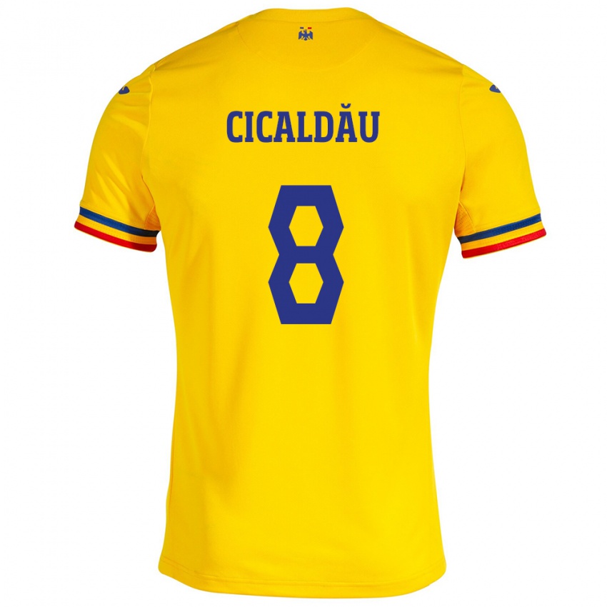 Bambino Maglia Romania Alexandru Cicâldău #8 Giallo Kit Gara Home 24-26 Maglietta