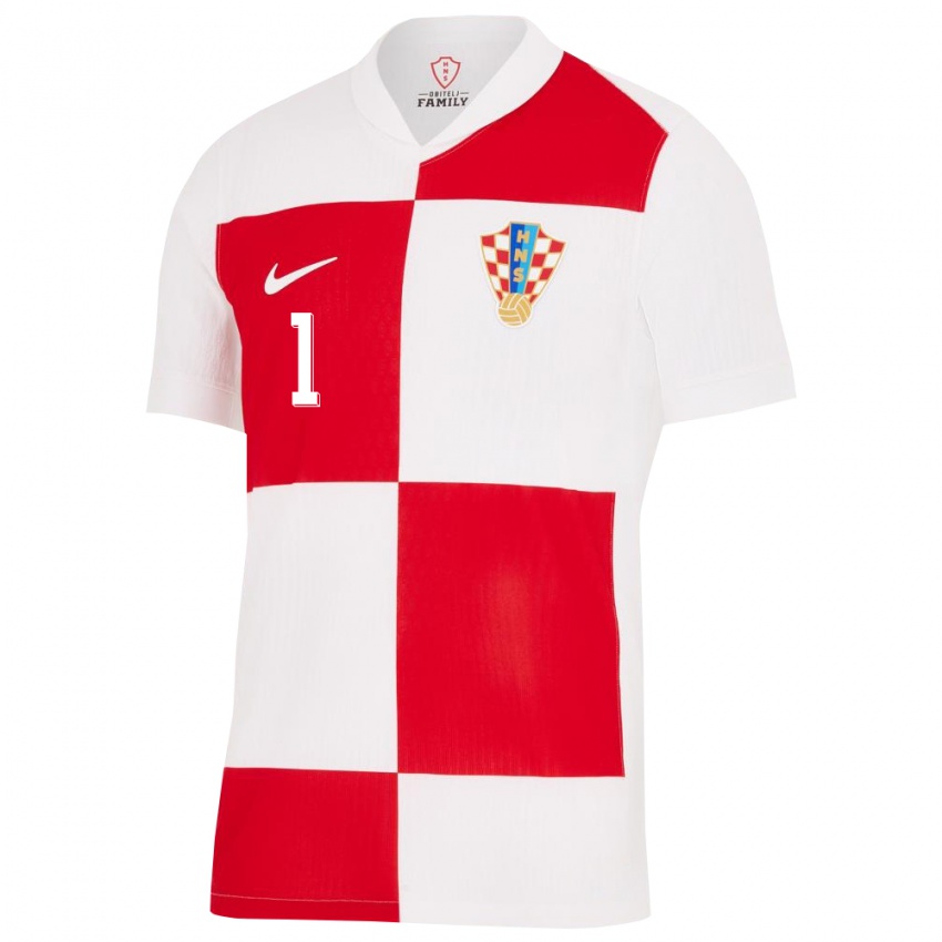 Bambino Maglia Croazia Dominik Livakovic #1 Bianco Rosso Kit Gara Home 24-26 Maglietta