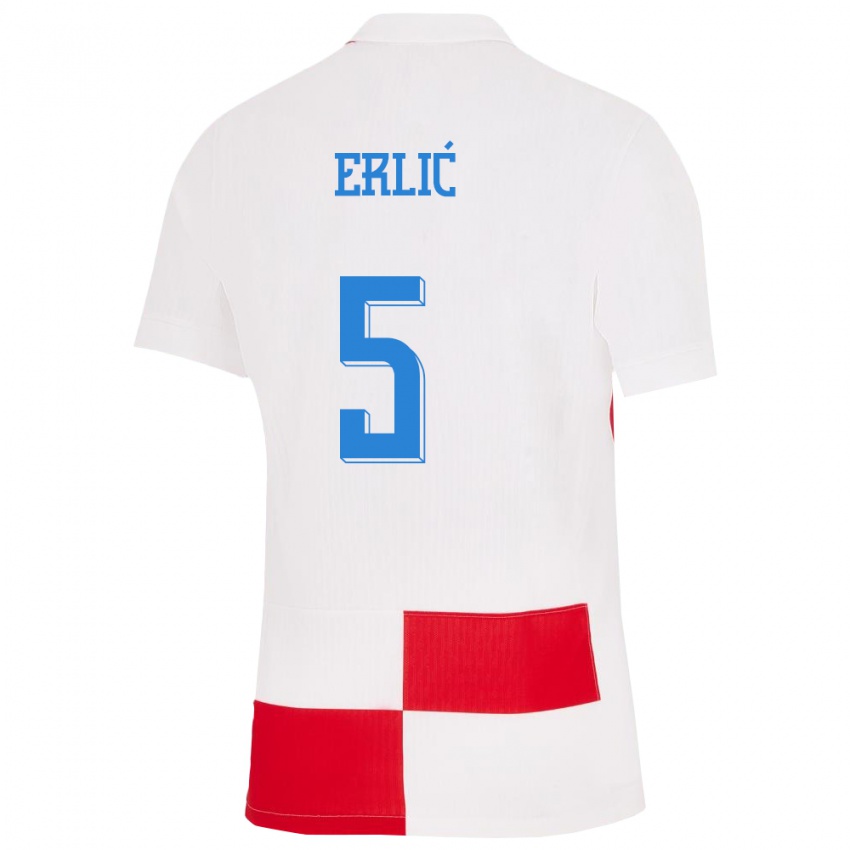 Bambino Maglia Croazia Martin Erlic #5 Bianco Rosso Kit Gara Home 24-26 Maglietta