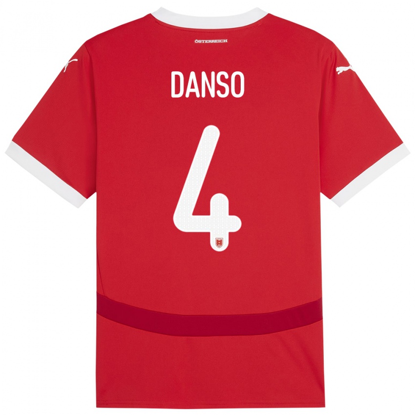 Bambino Maglia Austria Kevin Danso #4 Rosso Kit Gara Home 24-26 Maglietta