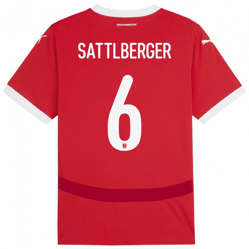 Bambino Maglia Austria Nikolas Sattlberger #6 Rosso Kit Gara Home 24-26 Maglietta