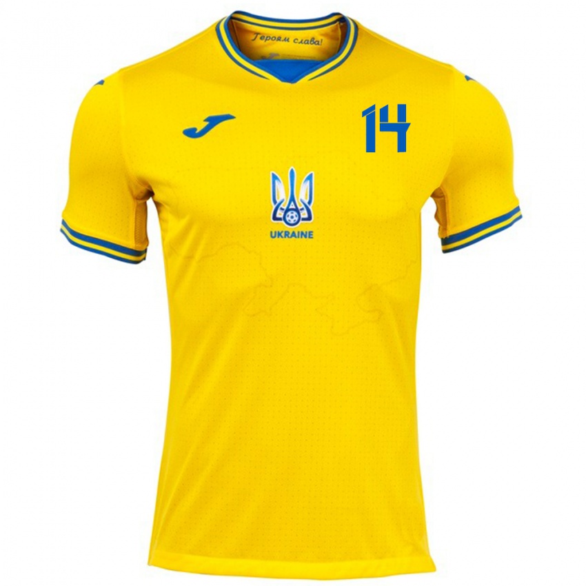 Bambino Maglia Ucraina Lyubov Shmatko #14 Giallo Kit Gara Home 24-26 Maglietta