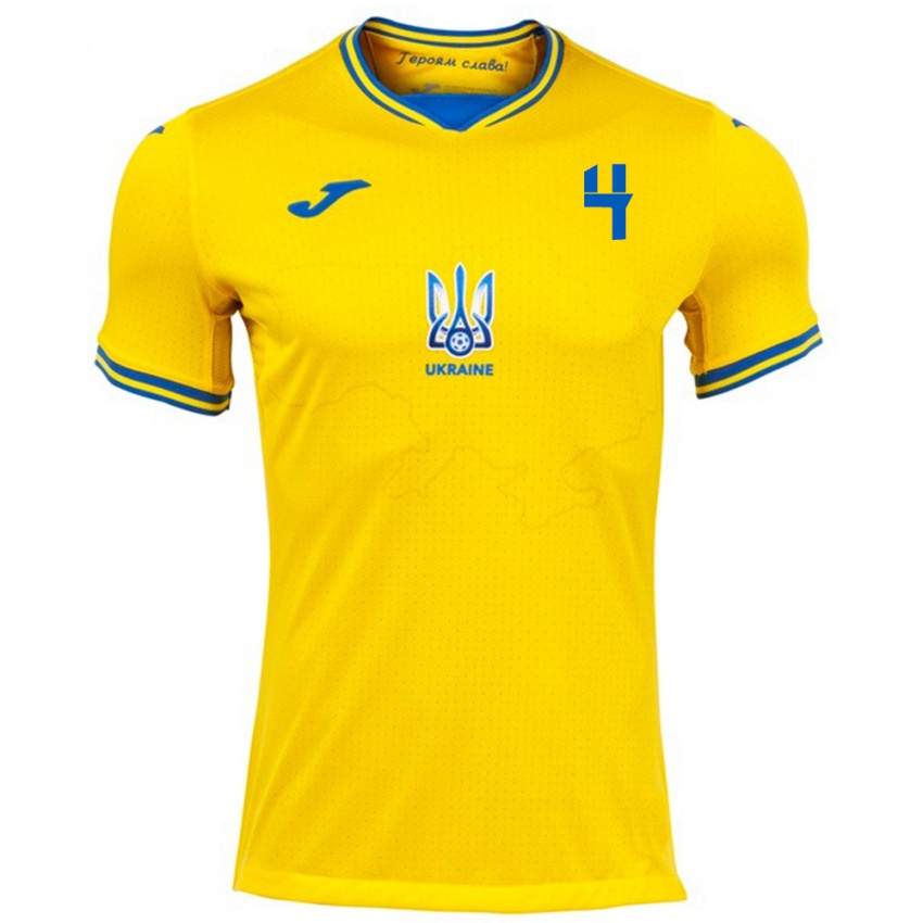 Bambino Maglia Ucraina Ivan Yermachkov #4 Giallo Kit Gara Home 24-26 Maglietta