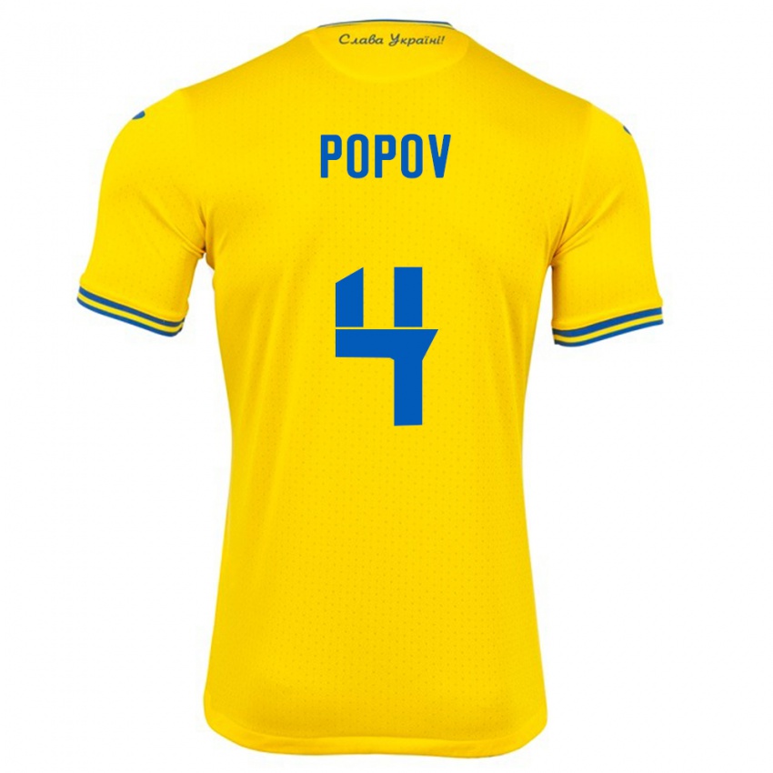 Bambino Maglia Ucraina Denys Popov #4 Giallo Kit Gara Home 24-26 Maglietta