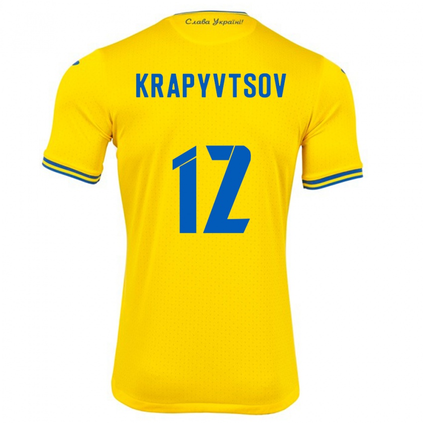 Bambino Maglia Ucraina Vladyslav Krapyvtsov #12 Giallo Kit Gara Home 24-26 Maglietta