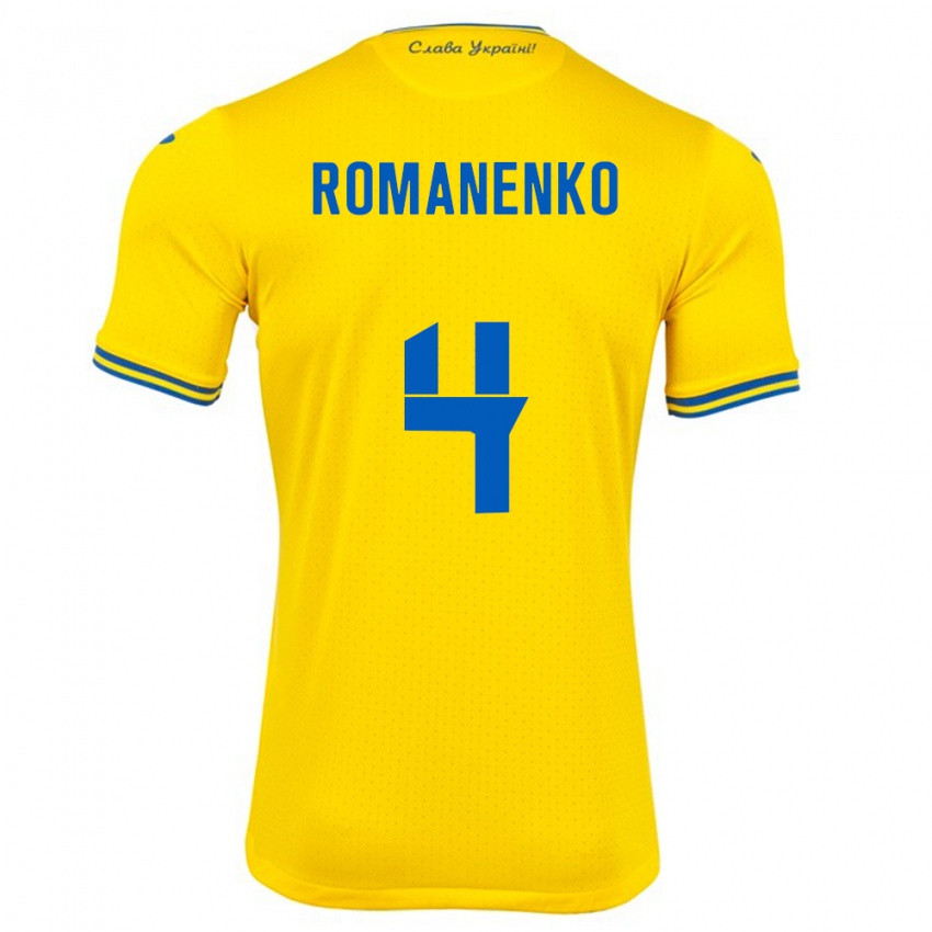 Bambino Maglia Ucraina Tetyana Romanenko #4 Giallo Kit Gara Home 24-26 Maglietta