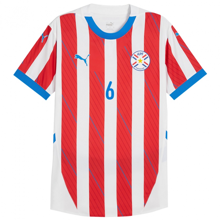 Bambino Maglia Paraguay Marcos Gómez #6 Bianco Rosso Kit Gara Home 24-26 Maglietta