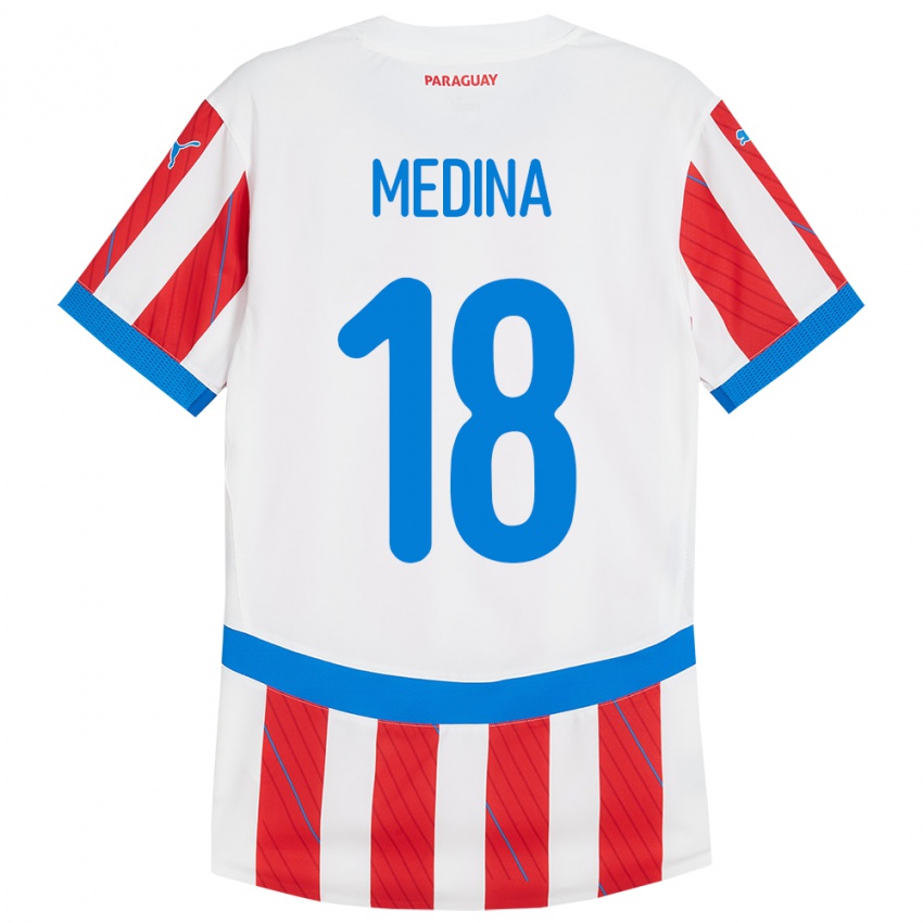 Bambino Maglia Paraguay Jesús Medina #18 Bianco Rosso Kit Gara Home 24-26 Maglietta