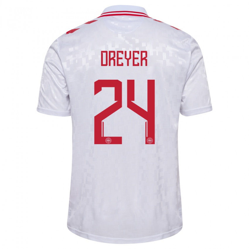 Bambino Maglia Danimarca Anders Dreyer #24 Bianco Kit Gara Away 24-26 Maglietta