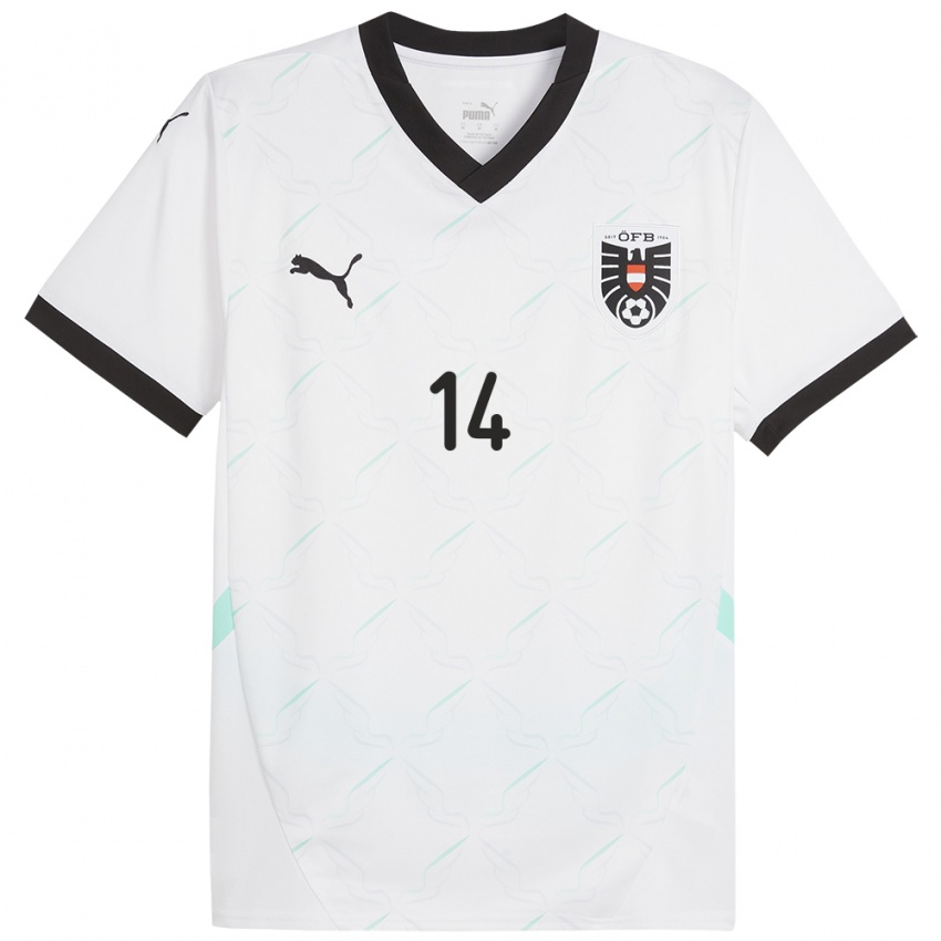 Bambino Maglia Austria Marie Höbinger #14 Bianco Kit Gara Away 24-26 Maglietta