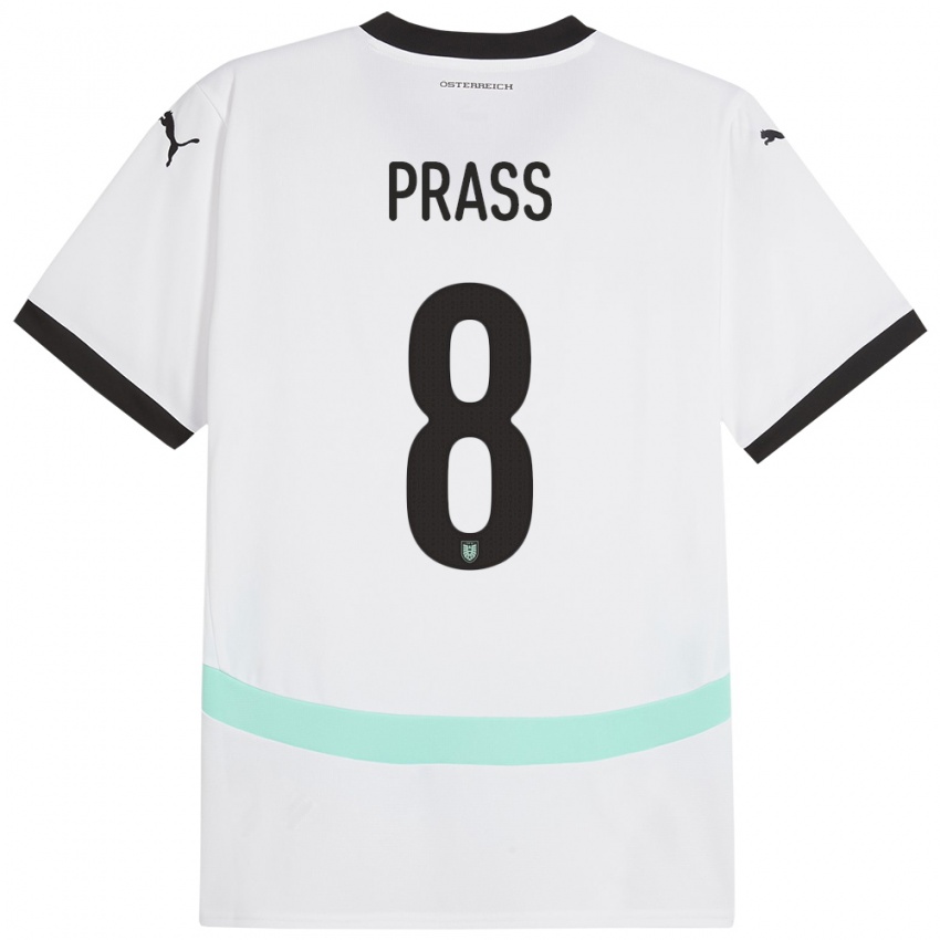 Bambino Maglia Austria Alexander Prass #8 Bianco Kit Gara Away 24-26 Maglietta