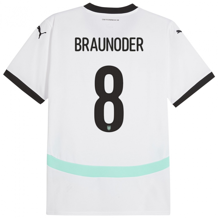 Bambino Maglia Austria Matthias Braunöder #8 Bianco Kit Gara Away 24-26 Maglietta