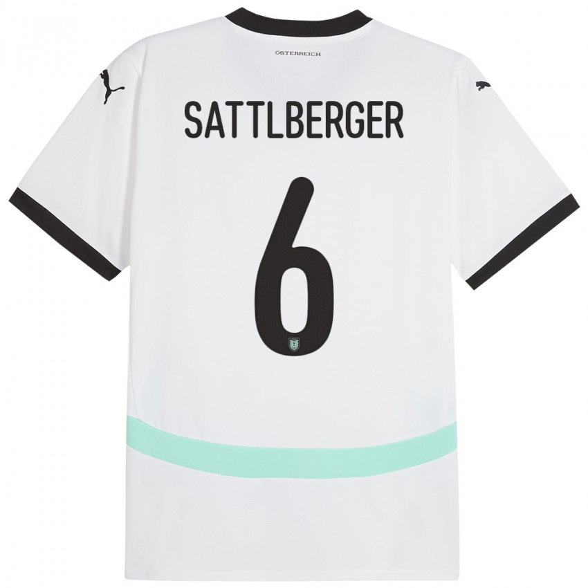 Bambino Maglia Austria Nikolas Sattlberger #6 Bianco Kit Gara Away 24-26 Maglietta