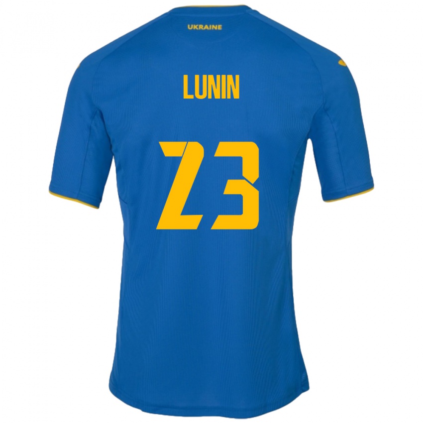 Bambino Maglia Ucraina Andriy Lunin #23 Blu Kit Gara Away 24-26 Maglietta