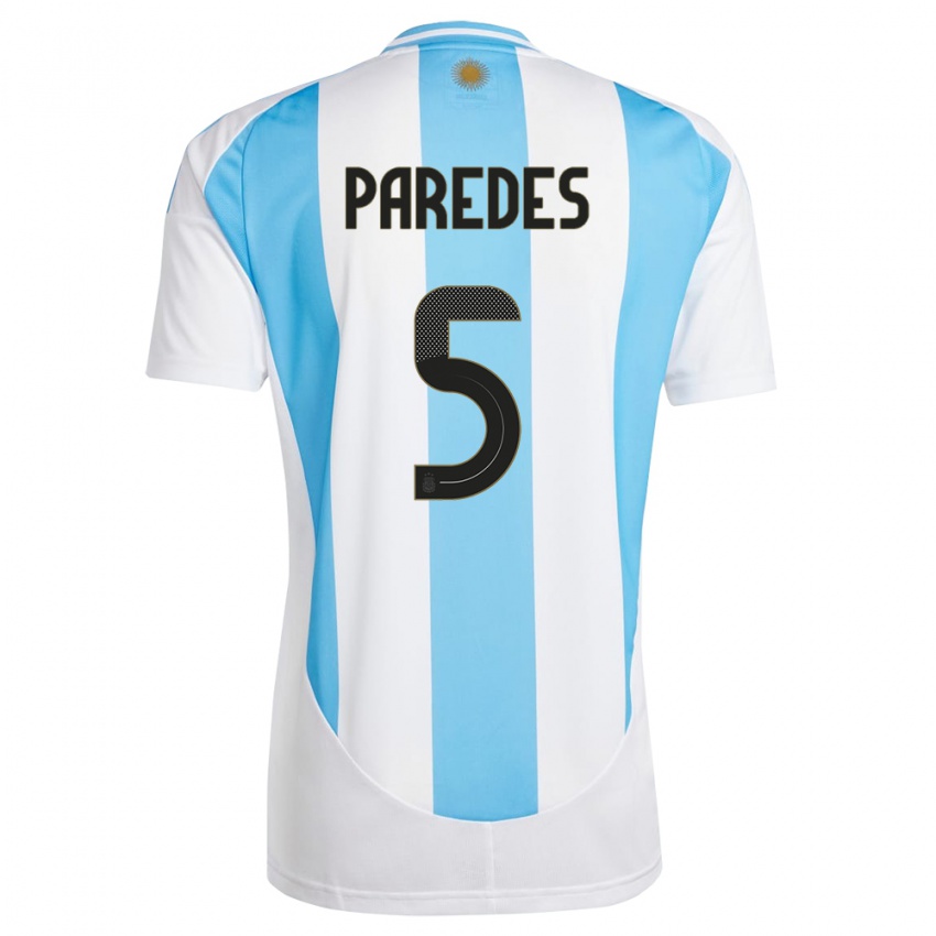 Uomo Maglia Argentina Leandro Paredes #5 Bianco Blu Kit Gara Home 24-26 Maglietta