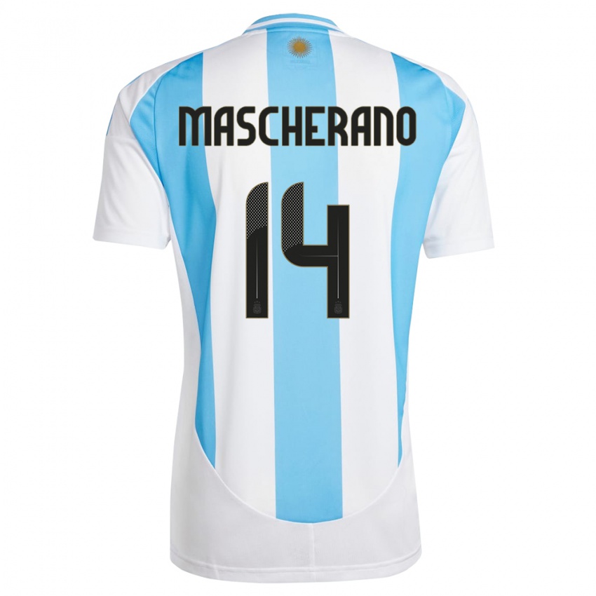 Uomo Maglia Argentina Javier Mascherano #14 Bianco Blu Kit Gara Home 24-26 Maglietta