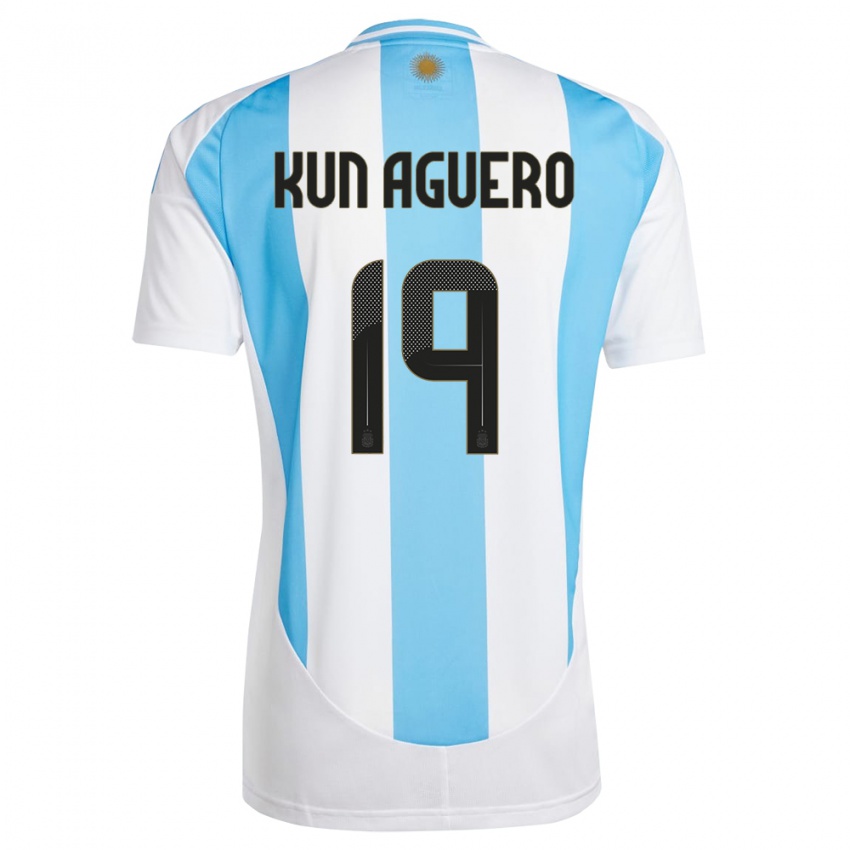 Uomo Maglia Argentina Sergio Aguero #19 Bianco Blu Kit Gara Home 24-26 Maglietta