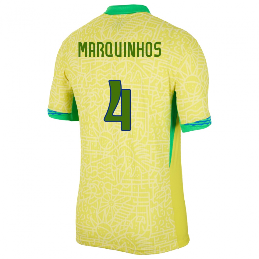 Uomo Maglia Brasile Marquinhos #4 Giallo Kit Gara Home 24-26 Maglietta