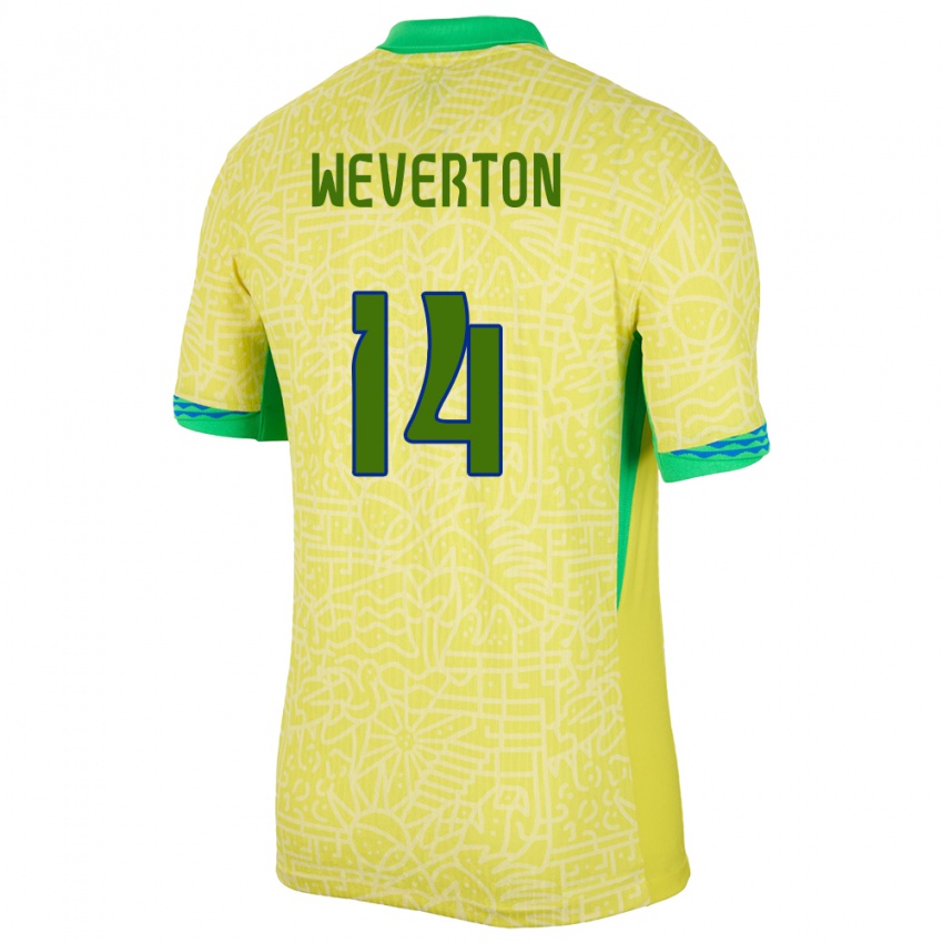 Uomo Maglia Brasile Weverton #14 Giallo Kit Gara Home 24-26 Maglietta