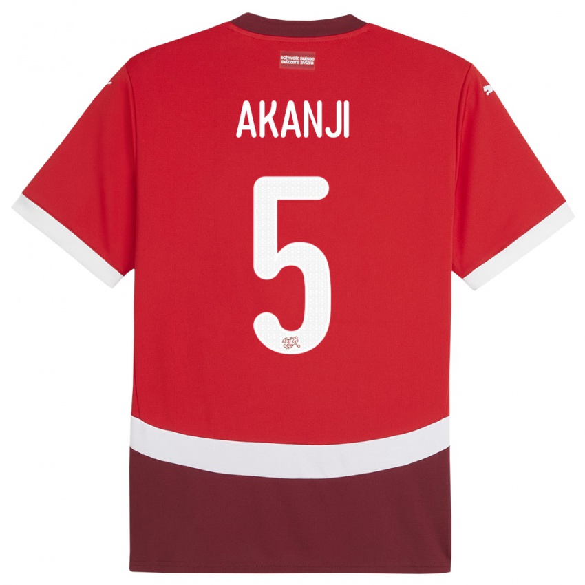 Uomo Maglia Svizzera Manuel Akanji #5 Rosso Kit Gara Home 24-26 Maglietta