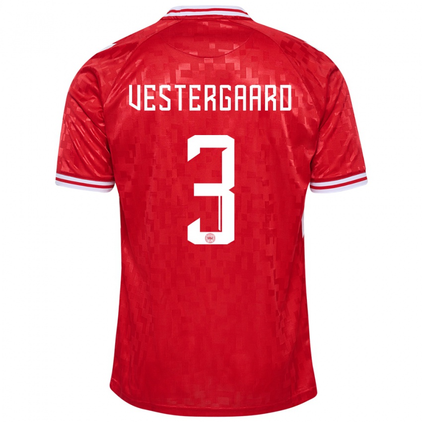 Uomo Maglia Danimarca Jannik Vestergaard #3 Rosso Kit Gara Home 24-26 Maglietta