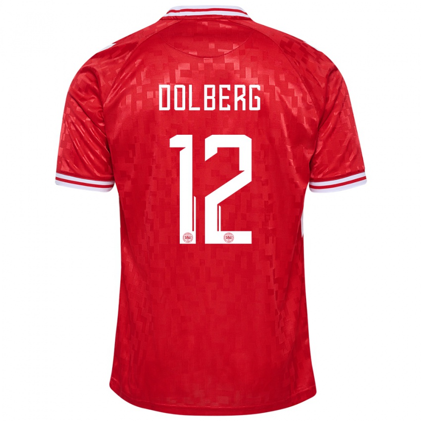 Uomo Maglia Danimarca Kasper Dolberg #12 Rosso Kit Gara Home 24-26 Maglietta