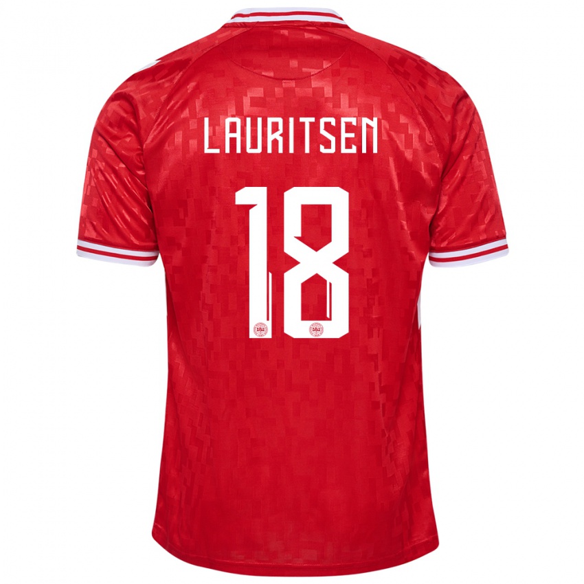 Uomo Maglia Danimarca Tobias Lauritsen #18 Rosso Kit Gara Home 24-26 Maglietta