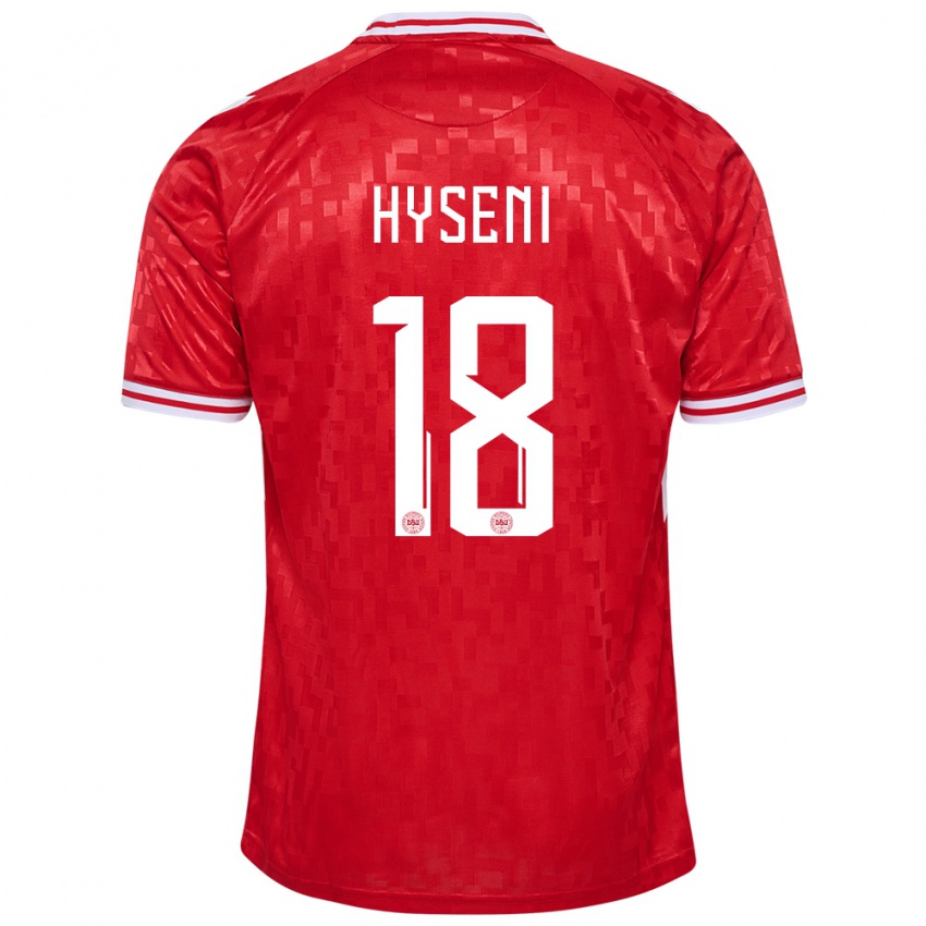 Uomo Maglia Danimarca Olti Hyseni #18 Rosso Kit Gara Home 24-26 Maglietta