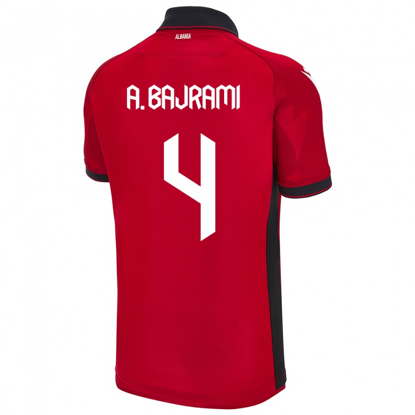 Uomo Maglia Albania Adrian Bajrami #4 Rosso Kit Gara Home 24-26 Maglietta