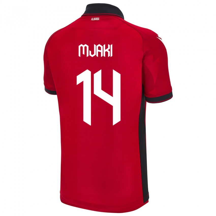 Uomo Maglia Albania Agan Mjaki #14 Rosso Kit Gara Home 24-26 Maglietta