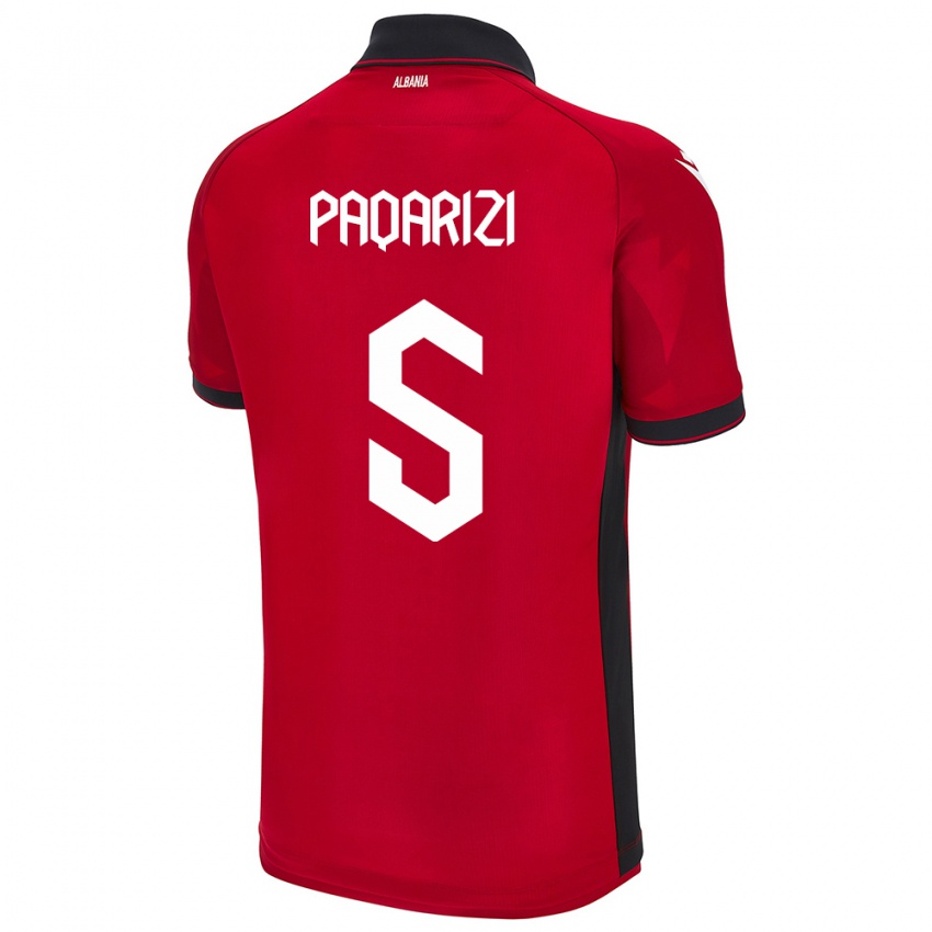 Uomo Maglia Albania Vesa Paqarizi #5 Rosso Kit Gara Home 24-26 Maglietta