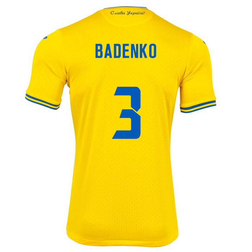 Uomo Maglia Ucraina Ilya Badenko #3 Giallo Kit Gara Home 24-26 Maglietta