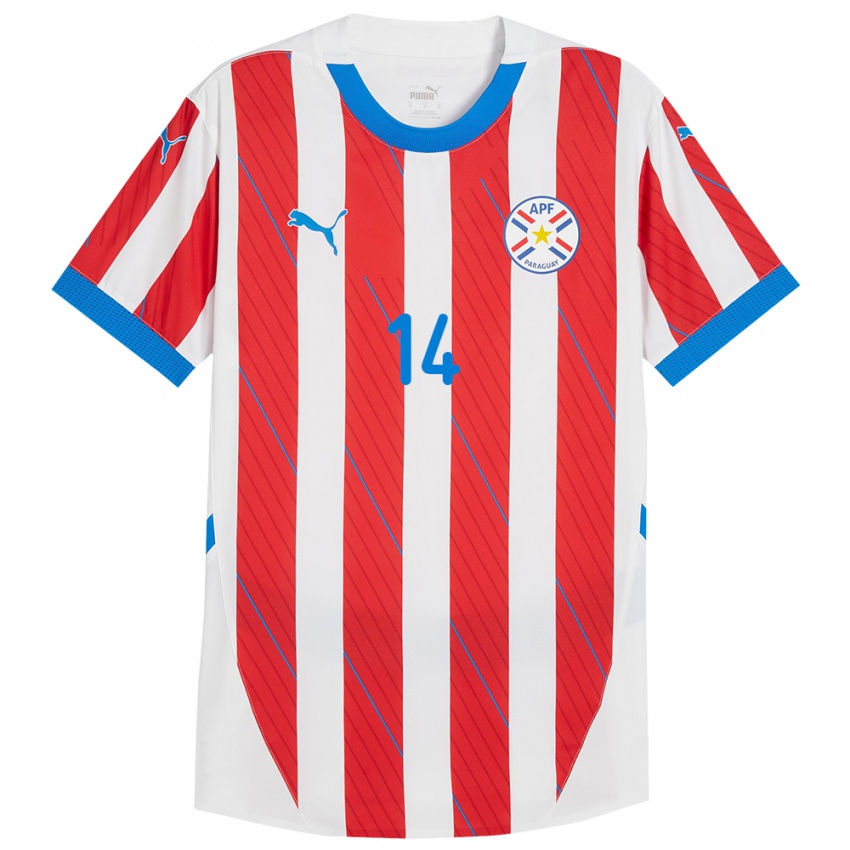 Uomo Maglia Paraguay Tania Riso #14 Bianco Rosso Kit Gara Home 24-26 Maglietta