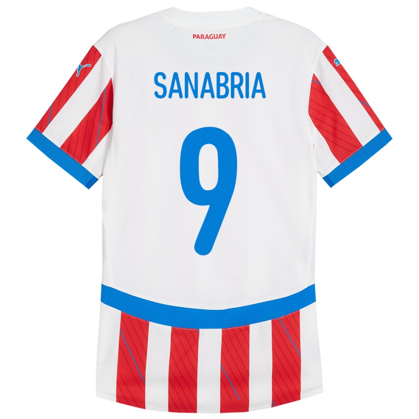 Uomo Maglia Paraguay Antonio Sanabria #9 Bianco Rosso Kit Gara Home 24-26 Maglietta