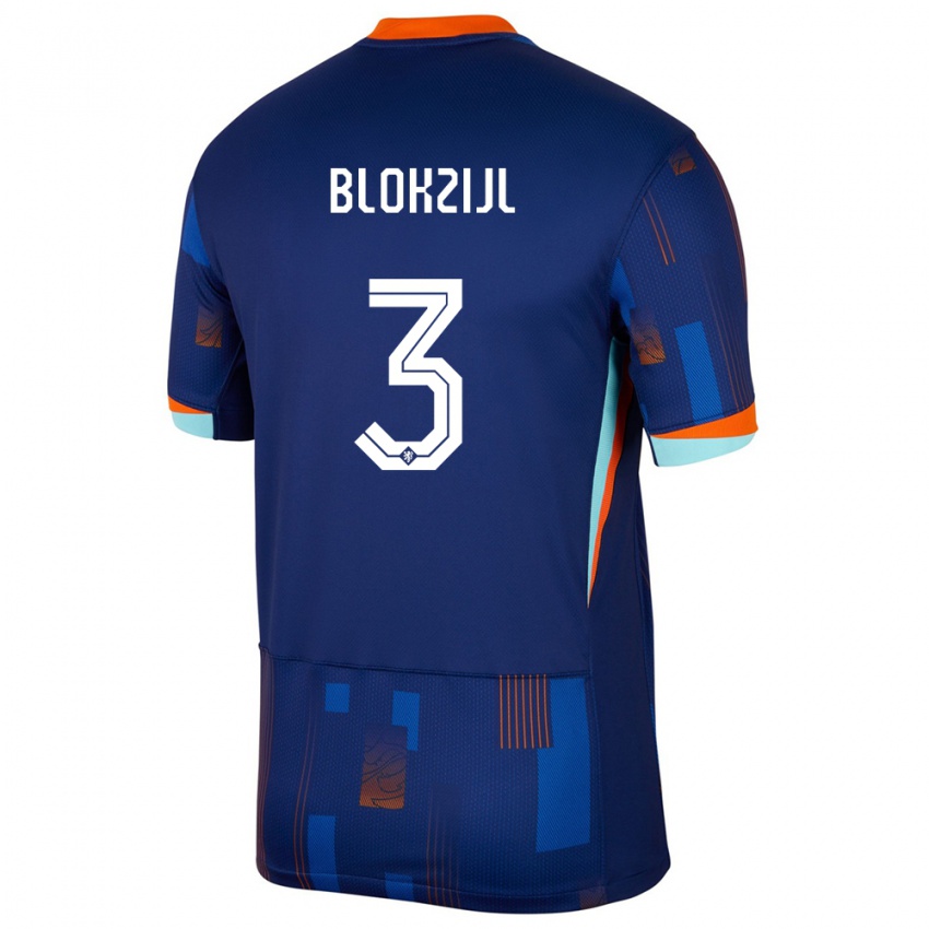 Uomo Maglia Paesi Bassi Thijmen Blokzijl #3 Blu Kit Gara Away 24-26 Maglietta