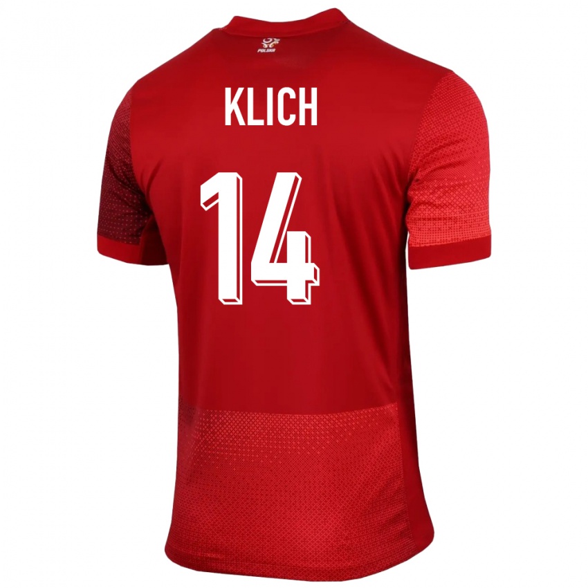 Uomo Maglia Polonia Mateusz Klich #14 Rosso Kit Gara Away 24-26 Maglietta