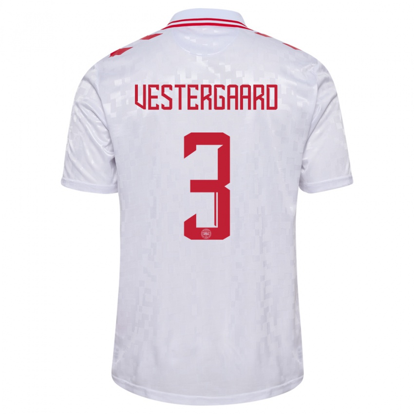 Uomo Maglia Danimarca Jannik Vestergaard #3 Bianco Kit Gara Away 24-26 Maglietta