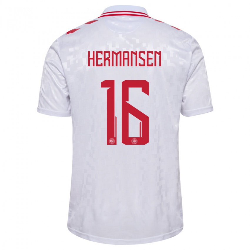 Uomo Maglia Danimarca Mads Hermansen #16 Bianco Kit Gara Away 24-26 Maglietta