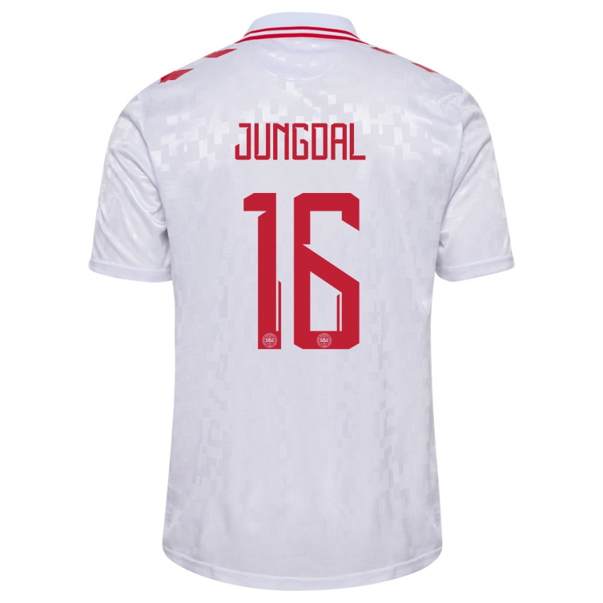 Uomo Maglia Danimarca Andreas Jungdal #16 Bianco Kit Gara Away 24-26 Maglietta