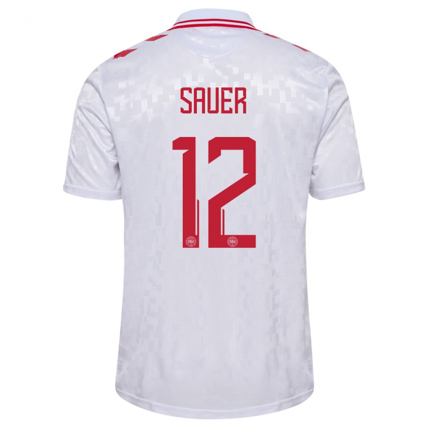 Uomo Maglia Danimarca Mathias Sauer #12 Bianco Kit Gara Away 24-26 Maglietta