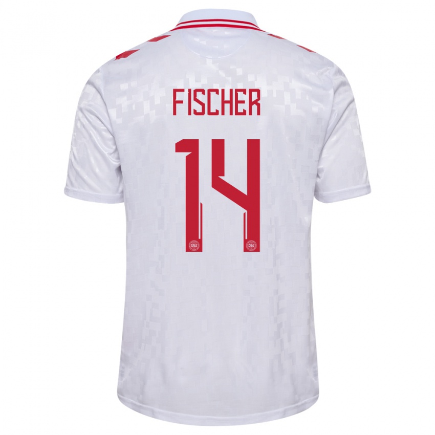 Uomo Maglia Danimarca Mikkel Fischer #14 Bianco Kit Gara Away 24-26 Maglietta